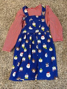 JoJo Maman Bebe Blue Holiday Pinafore Overalls with Red Striped Top